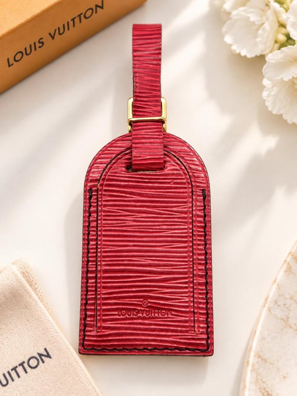 Authentic Louis Vuitton Red Leather Luggage Tag – Excellent Condition